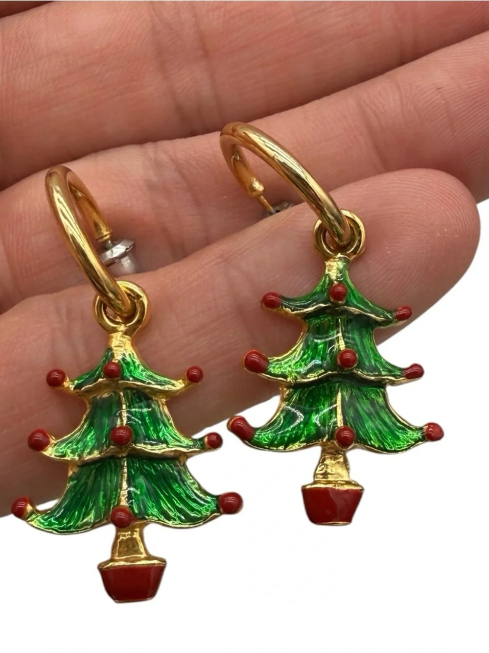 Vintage Christmas Tree Hoop Dangle Earrings- Red & Green Enameled Trees on Gold